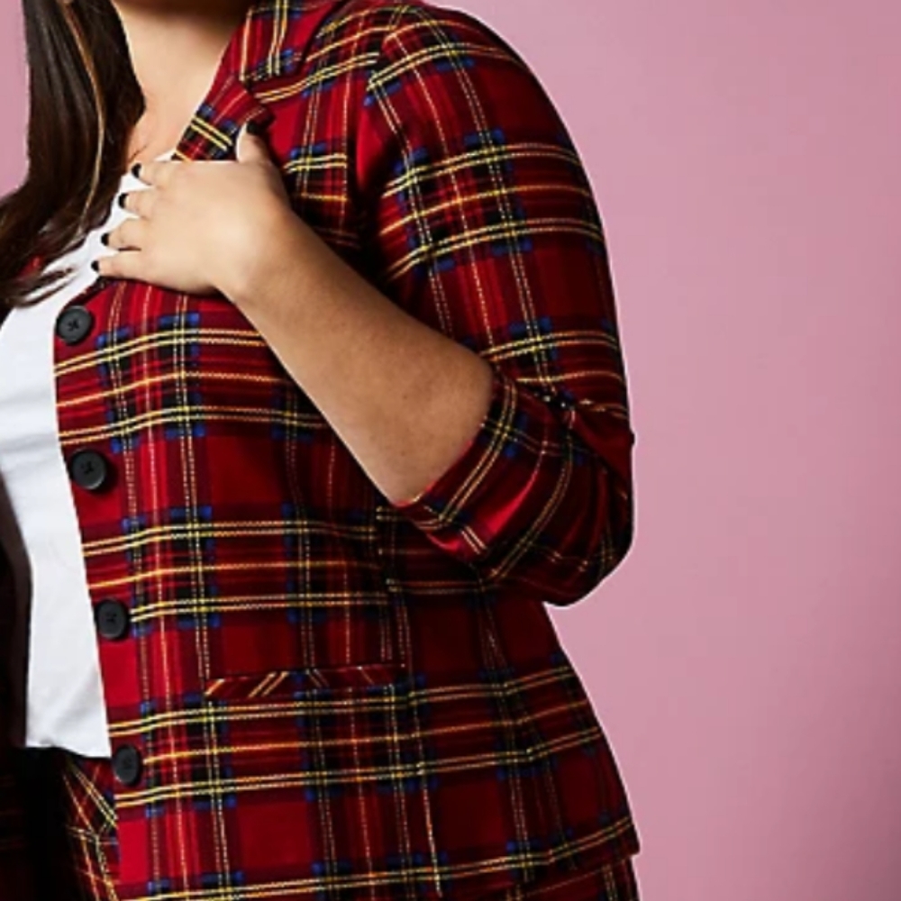 🆕BETSEY JOHNSON RED PLAID PREMIUM PONTE BLAZER - Picture 5 of 11